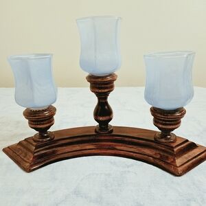 Rustic Wooden Candle Holder with Soft Blue Glass